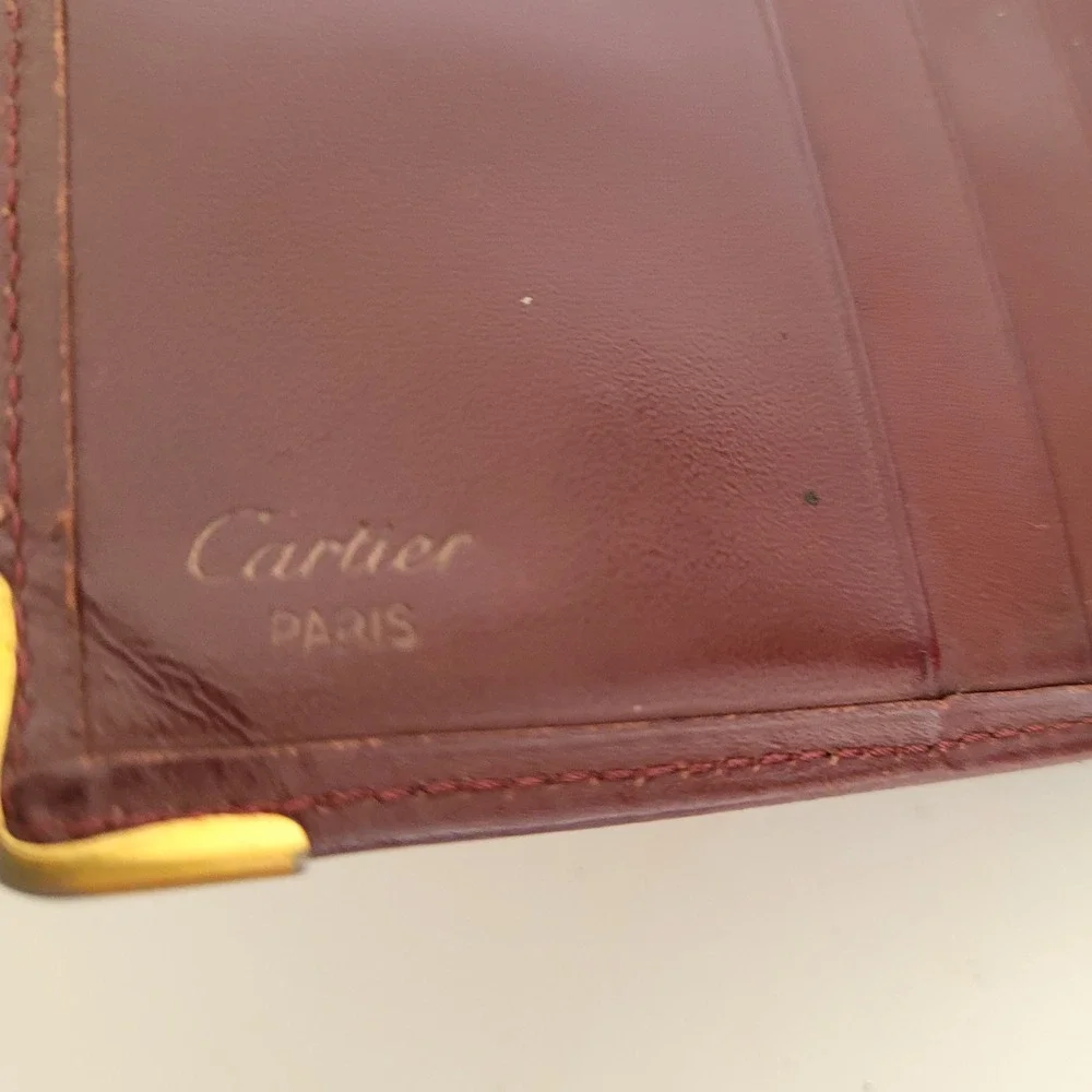 Cartier Must de Cartier Burgundy Leather Bifold Wallet Gold Corners Italy Vintag